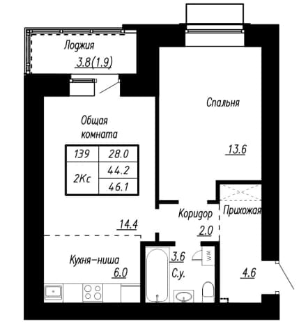. Вариант № 2226677, 0, площадь - 46.1 квм, цена 6407900 рублей