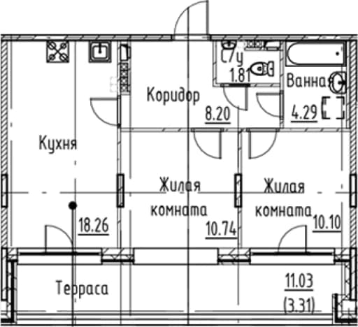 . Вариант № 1831250, 0, площадь - 53.4 квм, цена 17802403 рублей