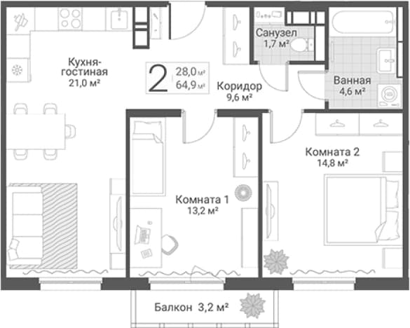. Вариант № 2088979, 0, площадь - 64.9 квм, цена 18950000 рублей