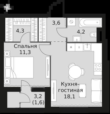 . Вариант № 1987368, 0, площадь - 43.1 квм, цена 24523900 рублей