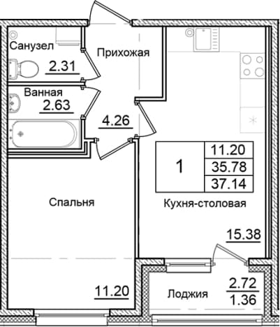 . Вариант № 2007827, 0, площадь - 35.78 квм, цена 6462164 рублей