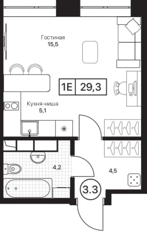 . Вариант № 2291709, 0, площадь - 29.3 квм, цена 7471500 рублей