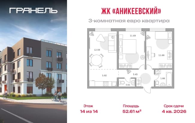 . Вариант № 2202552, 0, площадь - 52.61 квм, цена 10897785 рублей