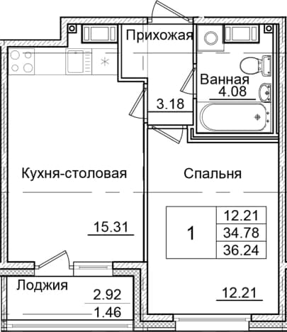 . Вариант № 1826667, 0, площадь - 34.78 квм, цена 6992428 рублей