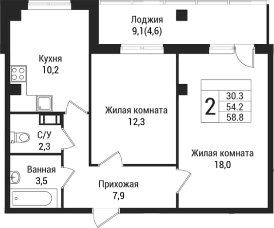 . Вариант № 1864407, 0, площадь - 54.2 квм, цена 8389800 рублей