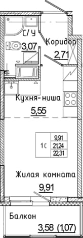 . Вариант № 2168684, 0, площадь - 21.24 квм, цена 3870896 рублей