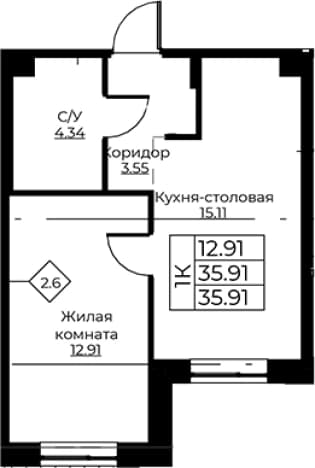 . Вариант № 1871061, 0, площадь - 35.91 квм, цена 6794890 рублей