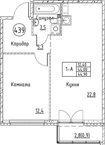 . Вариант № 1830885, 0, площадь - 44 квм, цена 9001040 рублей