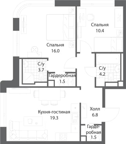 . Вариант № 1201365, 0, площадь - 63.2 квм, цена 35613105 рублей