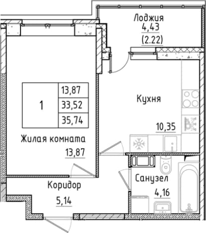 . Вариант № 1814406, 0, площадь - 33.52 квм, цена 7439287 рублей