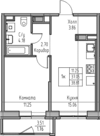 . Вариант № 1865003, 0, площадь - 37.05 квм, цена 8608086 рублей