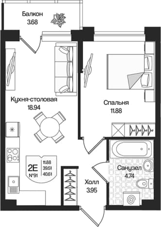 . Вариант № 1848665, 0, площадь - 39.51 квм, цена 9791077 рублей