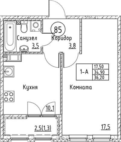 . Вариант № 1831039, 0, площадь - 34.9 квм, цена 9391167 рублей