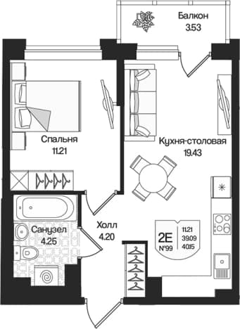 . Вариант № 1848671, 0, площадь - 39.09 квм, цена 9680171 рублей