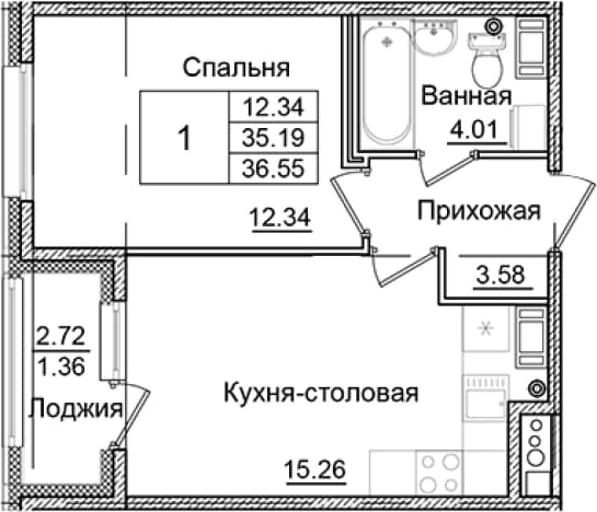 . Вариант № 1826516, 0, площадь - 35.19 квм, цена 7275159 рублей