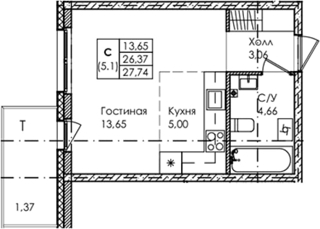 . Вариант № 2060838, 0, площадь - 26.37 квм, цена 10516000 рублей