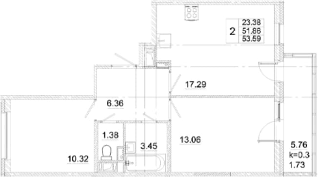 . Вариант № 2311122, 0, площадь - 51.86 квм, цена 12593650 рублей
