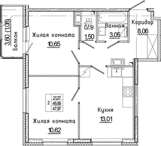 . Вариант № 2251988, 0, площадь - 46.89 квм, цена 10835901 рублей