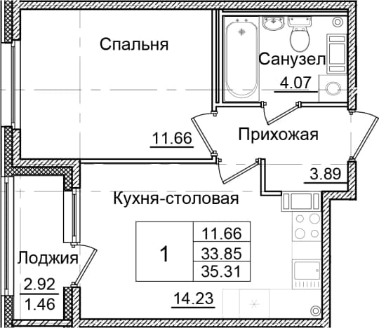 . Вариант № 2242622, 0, площадь - 33.85 квм, цена 6512434 рублей