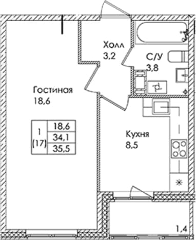 . Вариант № 1822082, 0, площадь - 34.1 квм, цена 5547500 рублей