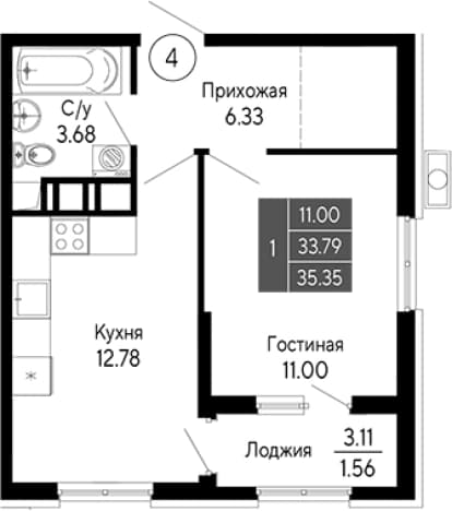 . Вариант № 2111652, 0, площадь - 33.79 квм, цена 9191000 рублей