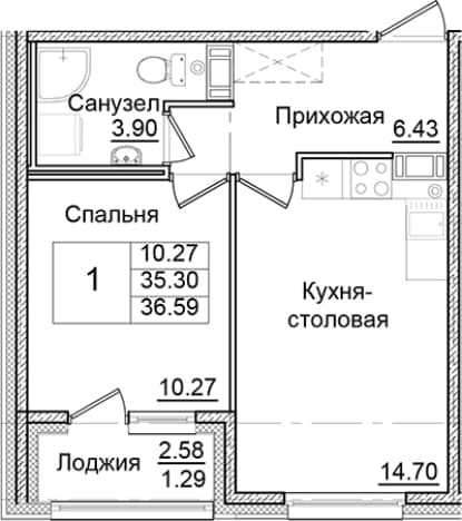 . Вариант № 2007789, 0, площадь - 35.3 квм, цена 6559390 рублей