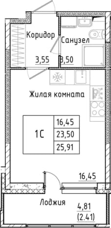 . Вариант № 1814372, 0, площадь - 23.5 квм, цена 5112250 рублей