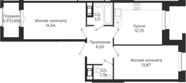 . Вариант № 1839183, 0, площадь - 52.23 квм, цена 8710776 рублей