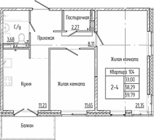 . Вариант № 1905855, 0, площадь - 58.29 квм, цена 10391502 рублей