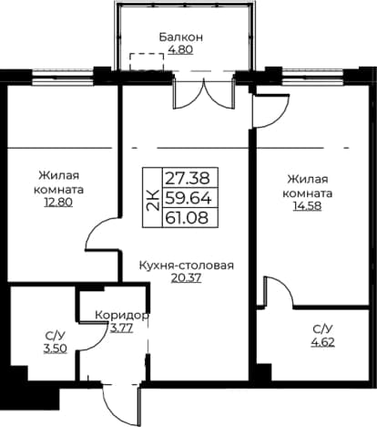 . Вариант № 1871068, 0, площадь - 59.64 квм, цена 11024940 рублей