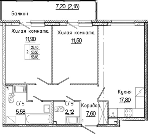 . Вариант № 2273811, 0, площадь - 56.5 квм, цена 11430077 рублей