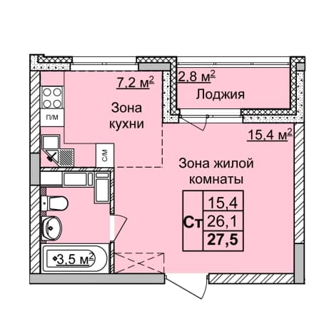 . Вариант № 2147755, 0, площадь - 27.5 квм, цена 7318475 рублей