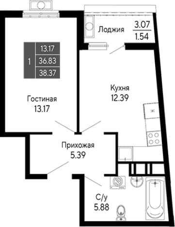 . Вариант № 2111415, 0, площадь - 36.83 квм, цена 9976200 рублей