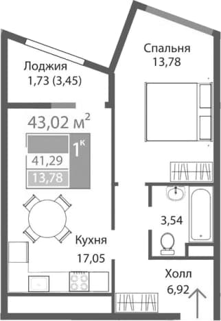. Вариант № 2125650, 0, площадь - 41.29 квм, цена 7444181 рублей