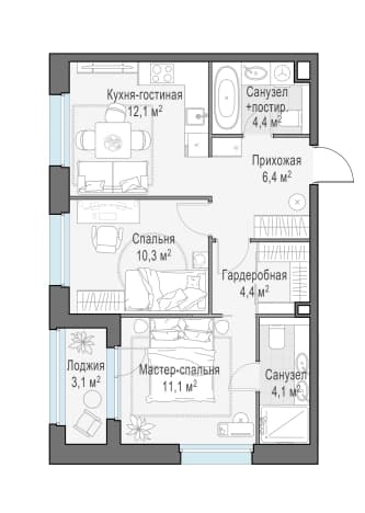 . Вариант № 1661914, 0, площадь - 54.3 квм, цена 12630000 рублей