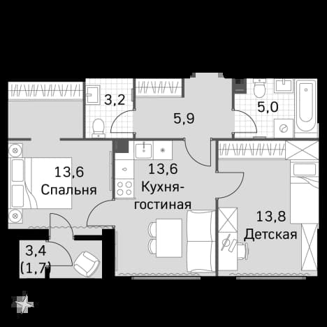 . Вариант № 2339648, 0, площадь - 55.1 квм, цена 32707360 рублей