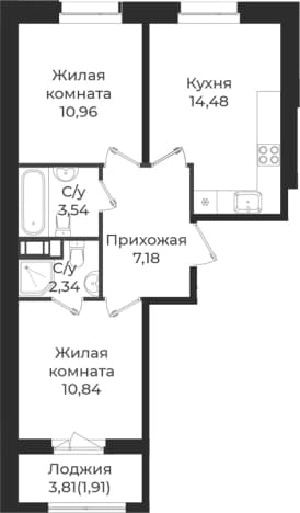 . Вариант № 1838820, 0, площадь - 49.34 квм, цена 8302500 рублей