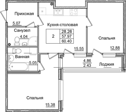 . Вариант № 1826589, 0, площадь - 57.97 квм, цена 10117000 рублей