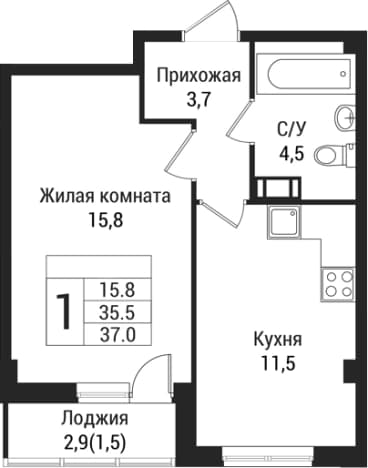 . Вариант № 1864581, 0, площадь - 35.5 квм, цена 4952950 рублей