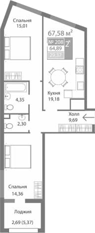 . Вариант № 2125419, 0, площадь - 64.89 квм, цена 9663940 рублей