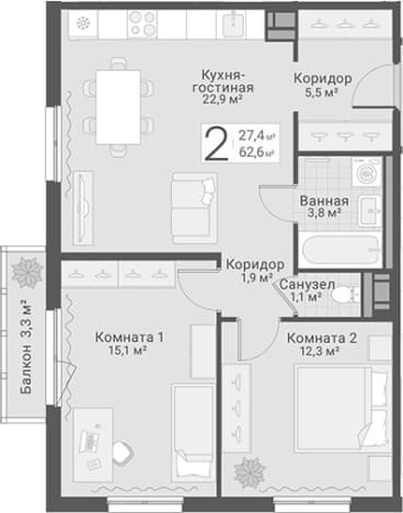 . Вариант № 1855431, 0, площадь - 62.6 квм, цена 19150000 рублей