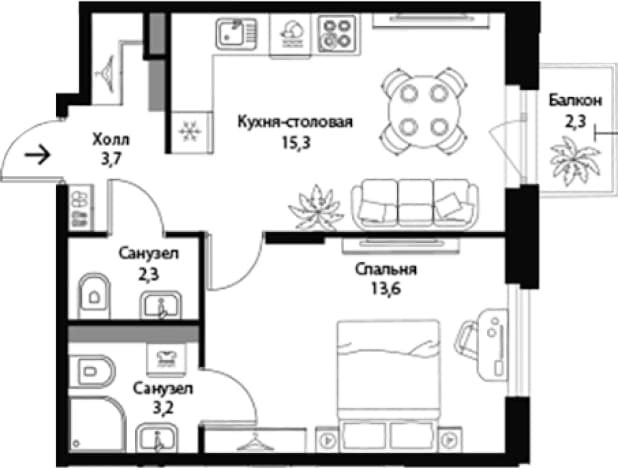 . Вариант № 1863533, 0, площадь - 38.1 квм, цена 9296092 рублей