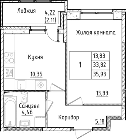 . Вариант № 1814356, 0, площадь - 33.82 квм, цена 7368313 рублей