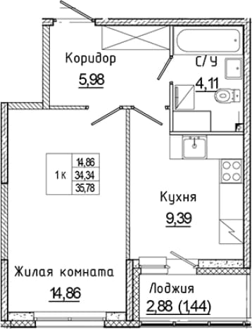 . Вариант № 1814827, 0, площадь - 34.34 квм, цена 7577653 рублей