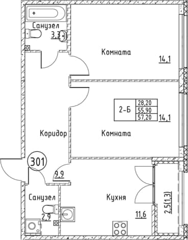 . Вариант № 1830954, 0, площадь - 55.9 квм, цена 10654974 рублей