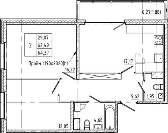 . Вариант № 2035382, 0, площадь - 62.49 квм, цена 30272290 рублей