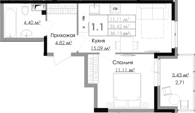. Вариант № 1835697, 0, площадь - 35.42 квм, цена 9964000 рублей