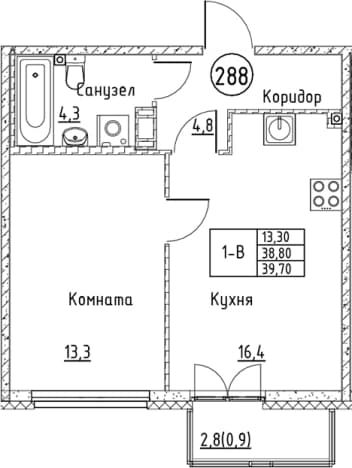 . Вариант № 1830921, 0, площадь - 38.8 квм, цена 8368623 рублей
