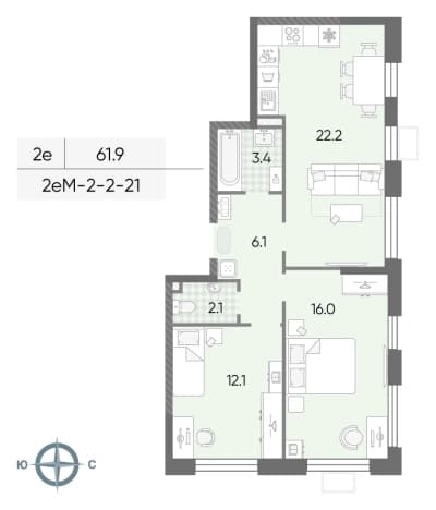 . Вариант № 2233227, 0, площадь - 61.9 квм, цена 22387620 рублей