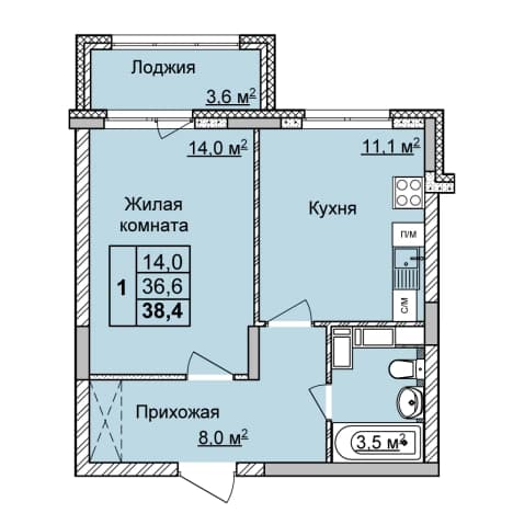. Вариант № 2147774, 0, площадь - 38.4 квм, цена 9299865 рублей